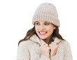 © kite_rin - Beautiful young woman winter portrait isolated in transparent PNG, Smiling student girl wearing warm clothes over white background looking away to copyspace