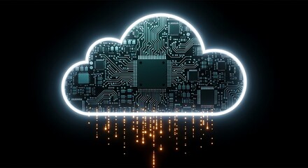 Digital cloud computing symbol with glowing neon outline and data streams on black background