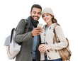 © kite_rin - Beautiful happy young couple using smartphone isolated transparent PNG. Joyful smiling woman and man looking at mobile phone. Love, travel, tourism, students lifestyle concept