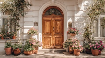 Ornate wooden doorway with lush plants