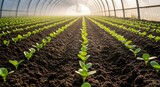 Rows of young plants growing in a greenhouse with natural sunlight