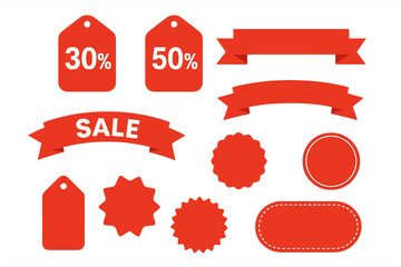 Wall Mural - Sale tags and discount label collection set. Red price tags 30% and 50% off. Special offer banners, promotion ribbons, and shopping sticker icons for commercial advertising.