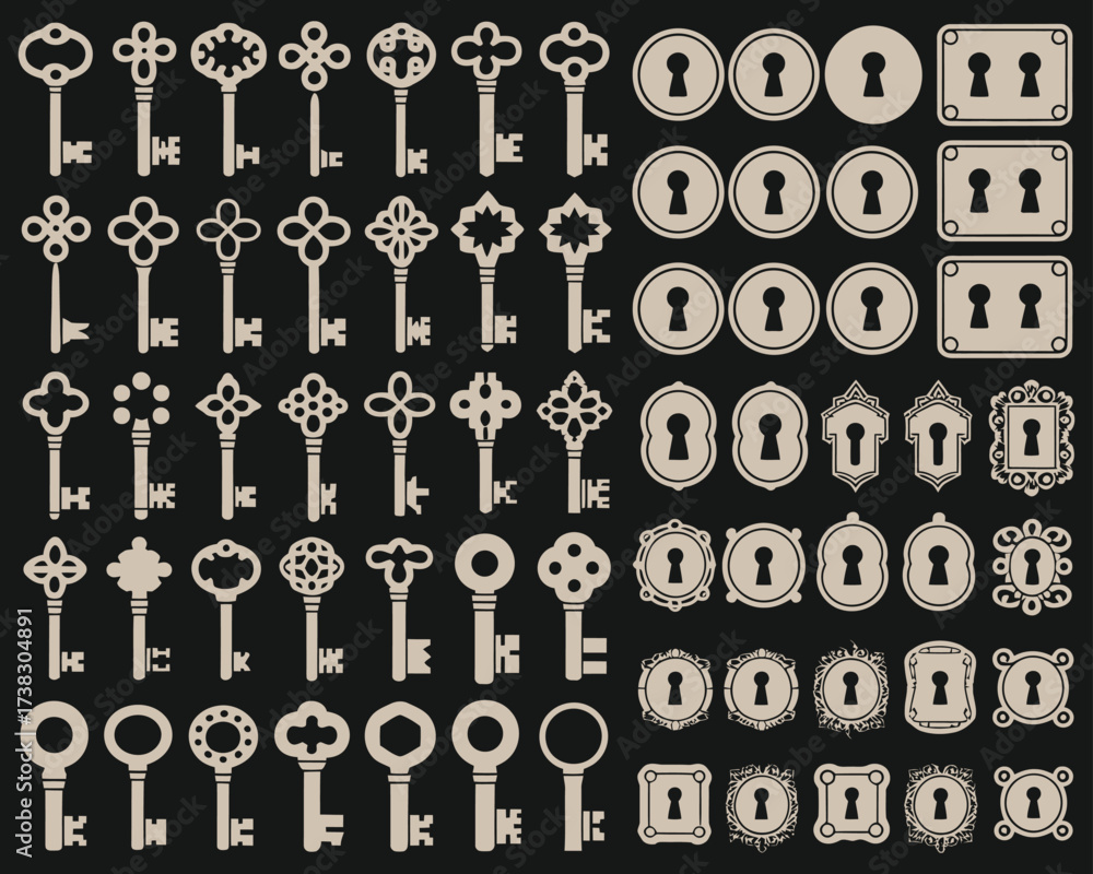 Vintage Style Vector Illustration Set with Big Silhouettes of Keys ...