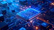 © bular - Close-up of a glowing blue computer processor chip on a circuit board with intricate pathways and orange lights.