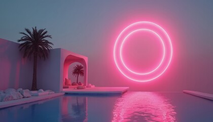 Wall Mural - Futuristic pink and red dusk scene with glowing neon circle over water. Abstract architectural design with palm trees creates a serene, dreamlike atmosphere.
