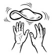 © David - Hands tossing pizza dough sketch black and white culinary illustration, food art, dynamic playful line drawing isolated on white background restaurant design.