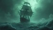 © Vadym - Ghostly ship sails through turbulent ocean waters. Large waves crash around old sailing vessel. Mysterious green light shines through dark stormy clouds. Ship navigates through rough sea with high
