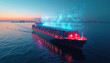 © Vadym - Large container ship travels calm ocean at twilight sunset. Digital holographic screen above vessel displays real time financial data, market charts, trending numbers. Modern cargo vessel shows