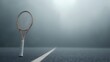 © mf2 - Tennis racket stands on court line in a moody scene, ready for play.
