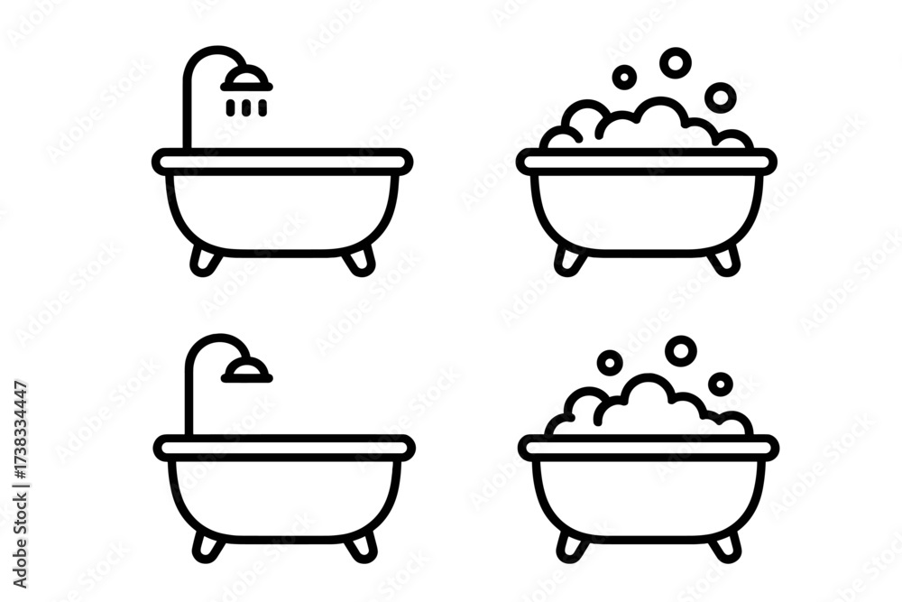 Bathtub line icon set. Editable stroke vector. Bath with shower and ...