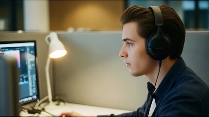 Young man with headphones working on computer in office.