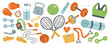 © ZhumaStudio - Sport and fitness equipment vector set, gym and workout accessories including dumbbells, barbell, yoga mat, ball, sneakers and tennis. Cartoon flat illustration of sport elements and tools