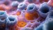 © Molka - Magnified, colorful microscopic view of porous, textured cellular tissue with rounded cavities and intricate surface detail.