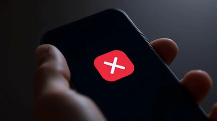 close up of smartphone with red cross icon on dark background symbolizing error message, failed rating or negative feedback concept