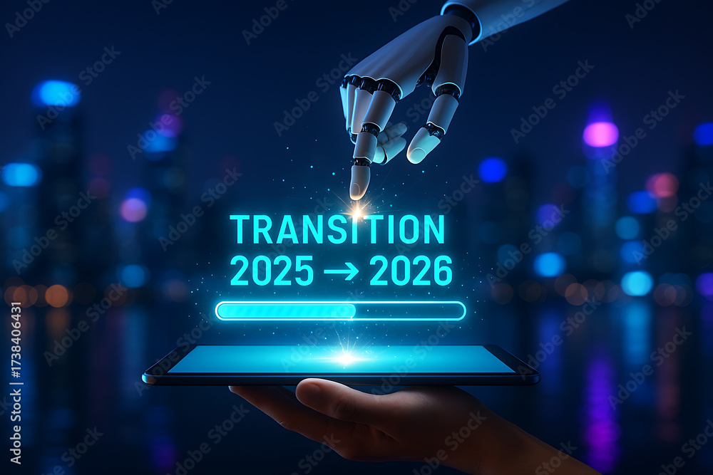 Robot hand activating a transition from 2025 to 2026 progress bar on a ...