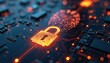 © Vadym - Close up view of a glowing lock symbol on a circuit board. Digital security concept representing data protection online privacy and cyber safety.