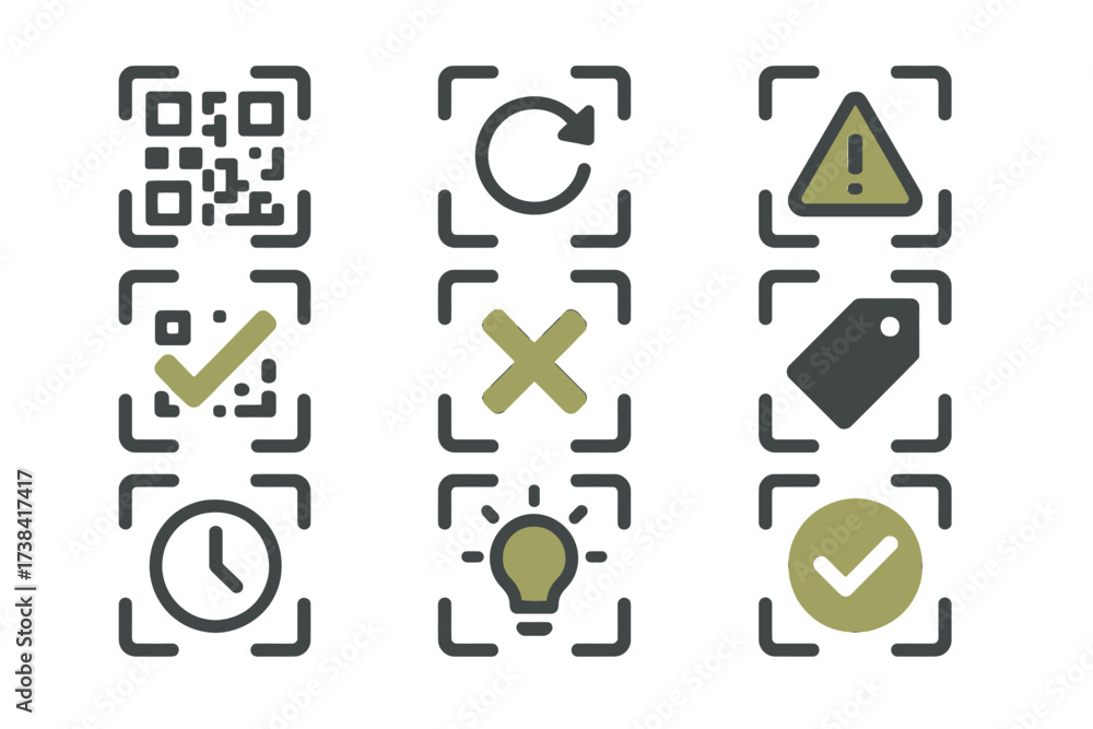 Qr code icons: warning, refresh, checkmark, tag, clock, lightbulb ...