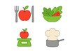 © Jule - Diet and cooking icon set. Healthy food, nutrition, weight loss concept. Vector logo collection with apple on scale, salad bowl, chef hat. Calorie counting and portion control.
