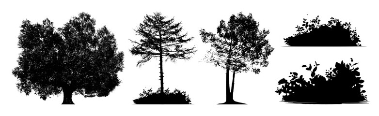 Diverse collection of natural black silhouette tree and bush elements for design projects and
