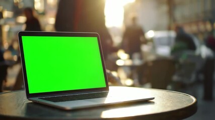 Laptop with Green Screen in Cafe Setting for Mockup.