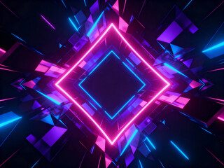 Wall Mural - Abstract neon background with glowing squares and lines in blue and pink colors creating depth