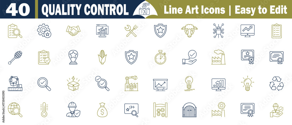 Quality Control Line Art Icons set with Blue and Gold Accents ...