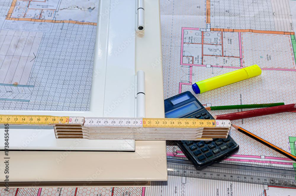 Professional architectural workspace with blueprints, folding ruler ...