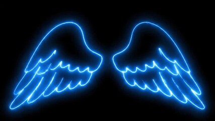 Wall Mural - Neon Blue Angel Wings on Black Background - The video shows a glowing pair of angel wings outlined in bright blue neon lights. They are symmetrical and stand out against a solid black backdrop.