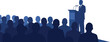 © PixelsWorld - Business conference vector, professional speaker at podium with microphone, corporate seminar audience illustration, keynote presentation training session design