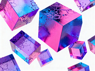 Wall Mural - Arrangement of iridescent cubes with cracked textures floating on a white background in a square format
