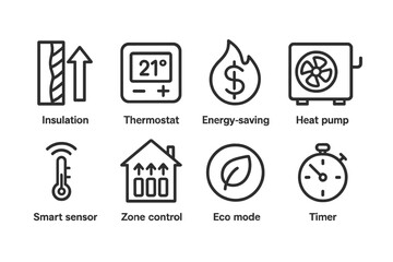 Heating Efficiency Icons. Outline icon set of heating efficiency: insulation, thermostat programming, energy saving, heat pump, smart sensor, zone control, eco