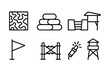 © Coosh448 - Battlefield Icon Set. Outline icon set of battlefield positioning: camouflage net, sandbags, trench, observation post, command flag, perimeter fence, signal