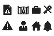 © Влада Яковенко - Eviction Icons Set. Solid, filled icon set of eviction notice: official letter, locked gate, suitcase, crossed key, warning symbol, landlord figure, house