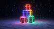 © Mellina - Holiday Presents Under the Snowy Sky: A vibrant stack of colorful, glowing gift boxes stands proudly in the gentle snowfall, radiating festive cheer and yuletide magic under the serene night sky.