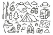 © Svitlana - Outdoor Adventure Icons. Hand-drawn doodle illustration Outdoor adventure tent, mountain, river, campfire, backpack, hiking boots, compass, map, binoculars,