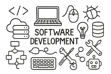Tech Doodle Icons. Hand-drawn doodle illustration software development skills code brackets, laptop, computer mouse, keyboard, bug icon, cloud server, light