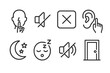 © Настя Шевчук - Silent Signal Icons. Outline icon set of silent signals: finger on lips, no sound symbol, quiet zone sign, ear with hush gesture, moon and stars for night