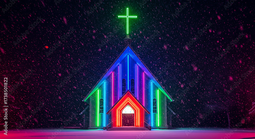 Neon Church in Snowfall: An architectural marvel is illuminated in an ...