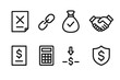 © Svitlana - Debt Relief Icons. Solid, filled icon set of debt relief: debt cancellation, broken chain, money bag with check mark, handshake, debt document, calculator,