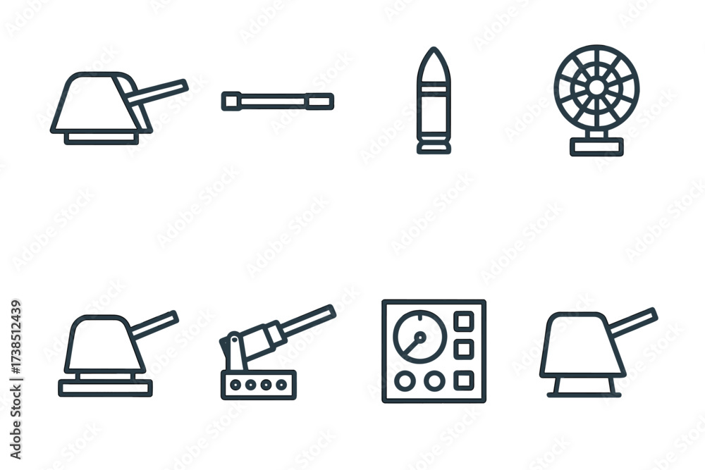 Recoiler Icon Naval Gun Icons. Outline icon set of naval gun: turret, barrel ...