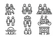 © Coosh448 - Couples Activities Icons. Outline icon set of couples activities: dancing couple, couple on bench, picnic, holding hands, sharing umbrella, riding bike