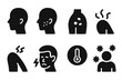 © Влада Яковенко - Sunburn Symptoms Icons. Solid, filled icon set of sunburn symptoms severity: mild redness, severe redness, blisters, swelling, itching, pain, fever, chills.