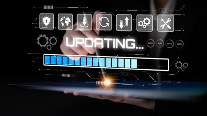 Wall Mural - Knowledge upgrade and software updates support digital skills growth, competitiveness, and continuous learning to stay current with new tech trends. Latch