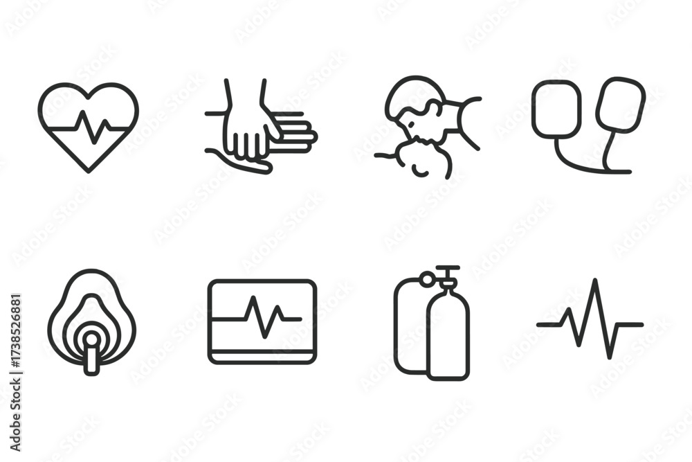 CPR and First Aid Icons. Outline icon set of CPR and resuscitation ...