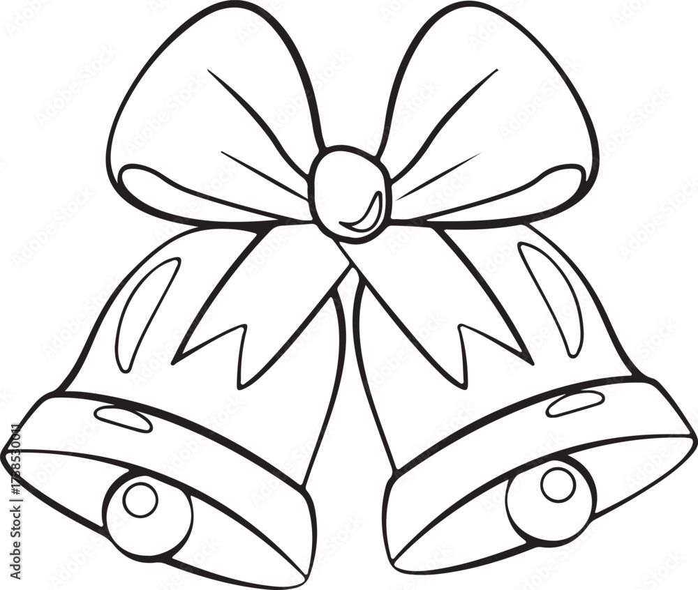 Christmas bells with bow coloring page, outline clipart. Black and ...