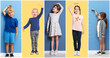 © New Africa - Cute children measuring their heights near blue wall and yellow background, collage of portraits