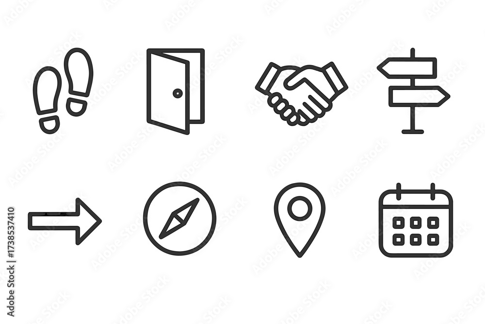 First Steps Icons. Outline icon set of first steps: footprints, open ...