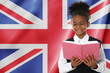 © New Africa - Little girl with book against flag of United Kingdom. Language school