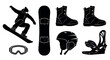 © PixelSaga MH2  - Collection of black silhouettes of snowboarding equipment and gear winter sport
