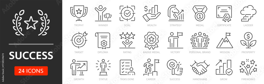 Success line icon set. Editable Stroke. Winner, trophy, goal, medal ...